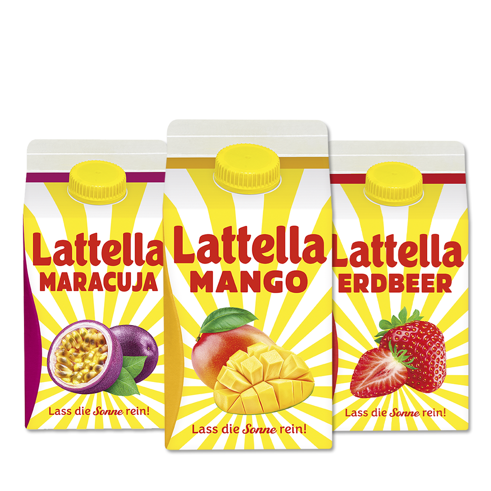 Die Abbildung zeigt die Lattella Classic Sorten Maracuja, Mango und Erdbeer