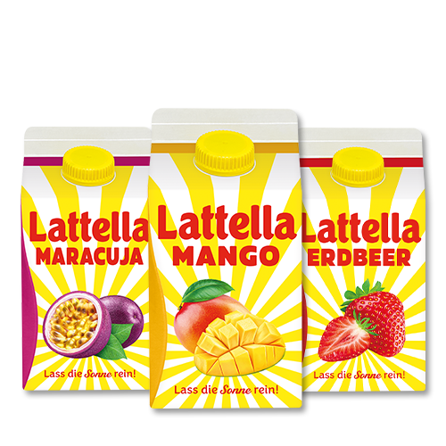 Das Bild zeigt drei der Lattella Classic Sorten - Maracuja, Mango und Erdbeere