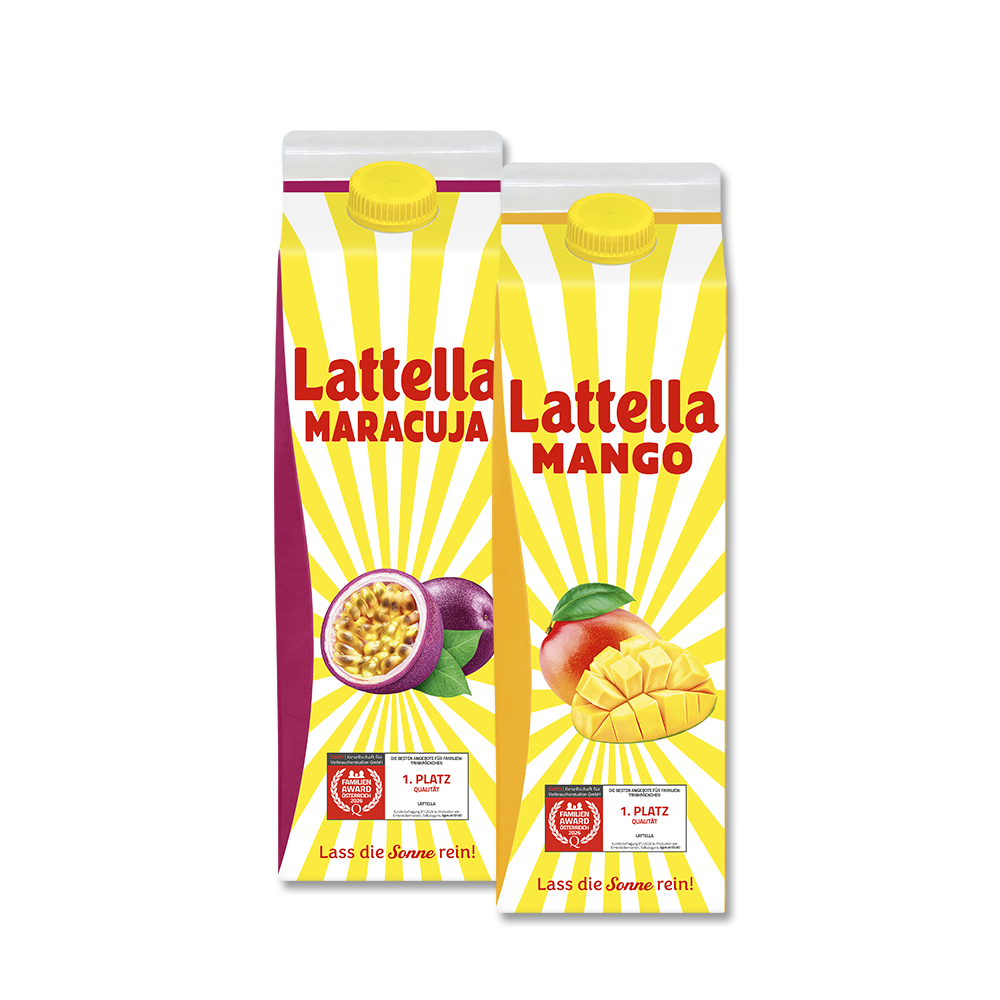 Abbildung zeigt die Lattella XL Sorten Mango und Maracuja