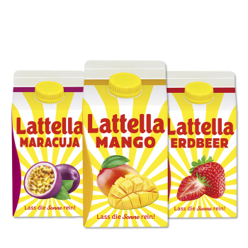 Die Abbildung zeigt die Lattella Classic Sorten Maracuja, Mango und Erdbeer