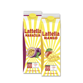 Das Bild zeigt die Sorten Mango und Maracuja als Lattella XL 1 Liter